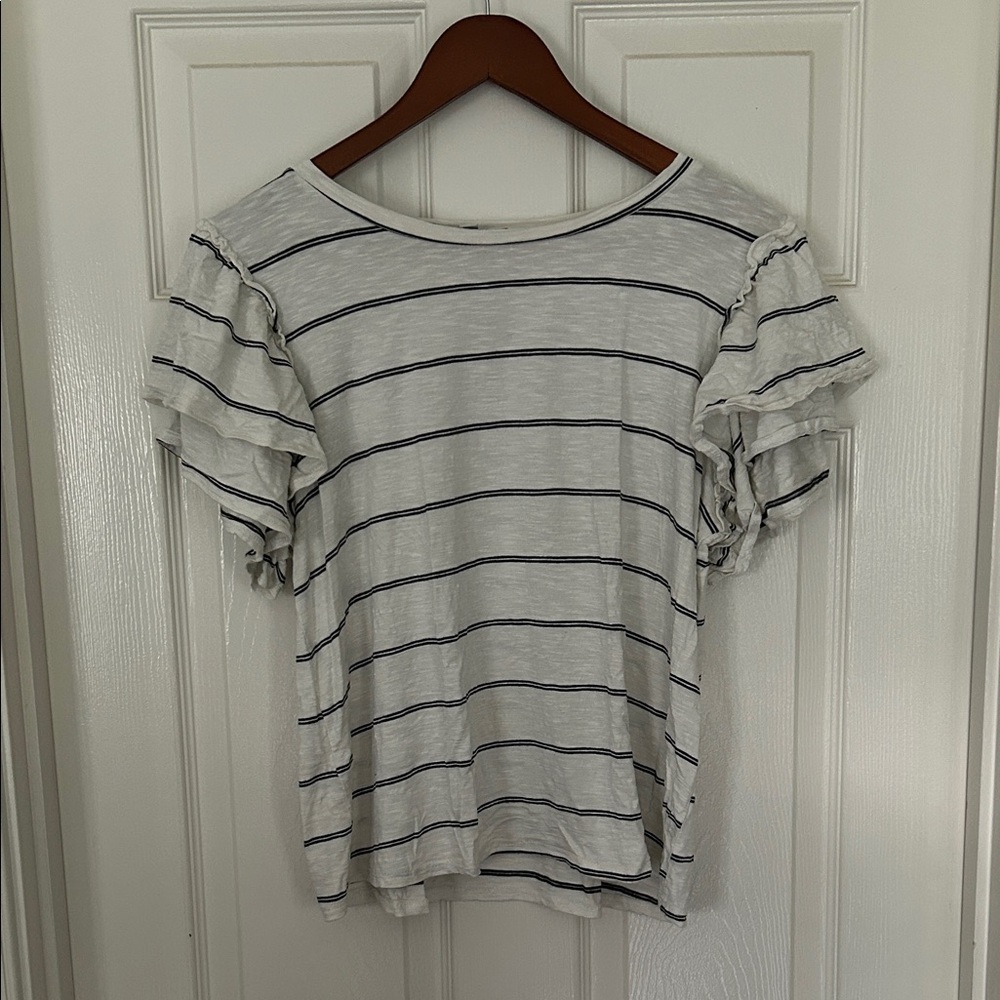 Green Envelope White and Black Striped Short Ruffled Sleeve Top L